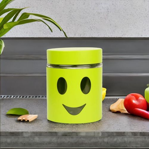 Smily Face Glass Design Food Storage Container / Jar with Lids for Multipurpose Use-580 ml (Lime Color, Pack of 1)