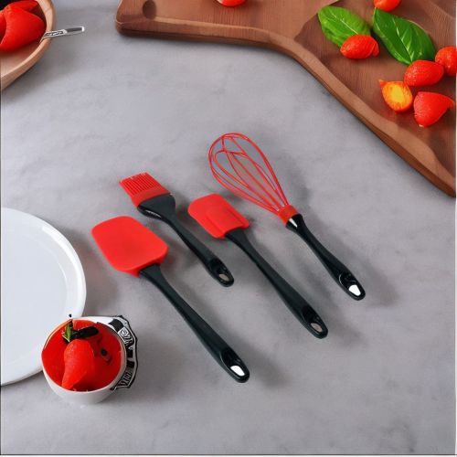Super99 Silicone Cooking & Baking Tool Sets Non-Toxic Hygienic Safety Heat Resistant 2-Spatula, 1-whisk, 1-Oil Brush (Set of 4 Pieces, Red & Black)