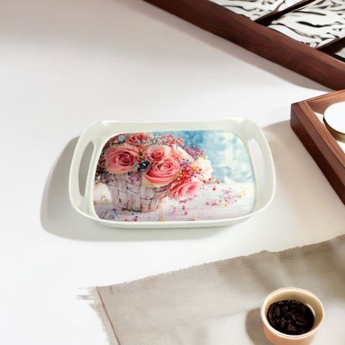 Flower Printed Melamine Serving Tray with Fine Handle (white)
