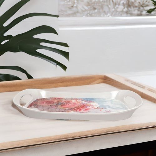 Melamine Flower Printed Designed Serving Tray| Serving Tray for Kitchen| Dining| Serving & Desk Tray (White)