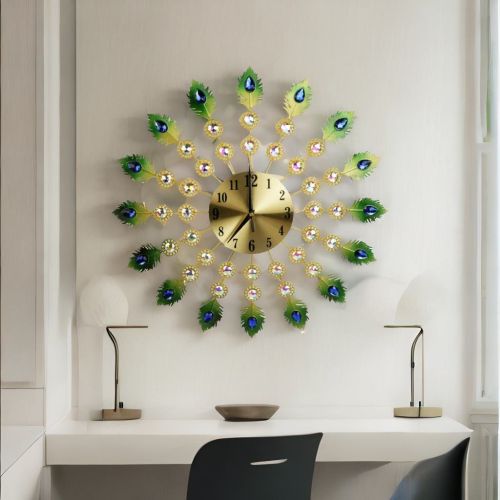 Decorative Metal Peacock feather theme Wall Clock (Multicolor) 