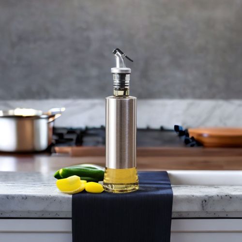 Super 99 Stainless Steel Olive Oil Dispenser Bottle, Glass Cooking Oil | Vinegar Dispensing Cruets with Capped Spout, Liquid Condiment Container, Glass Decanter for Kitchen - 425 ml