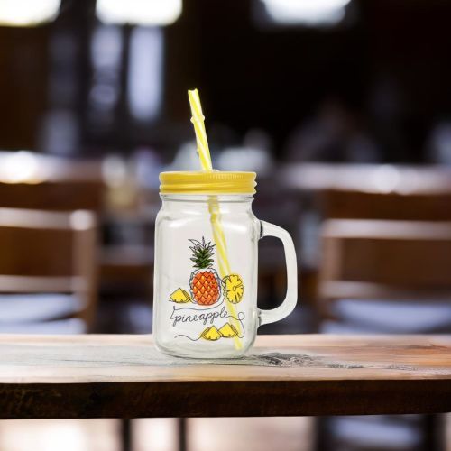 Super99 Designer Mason Jar, with Straw & Lid|Made of High Quality Glass and Plastic reusable Straw|Comes With Colorful Metal Lids ,Making It Best For Parties ,Birthday Party, Kitty Party