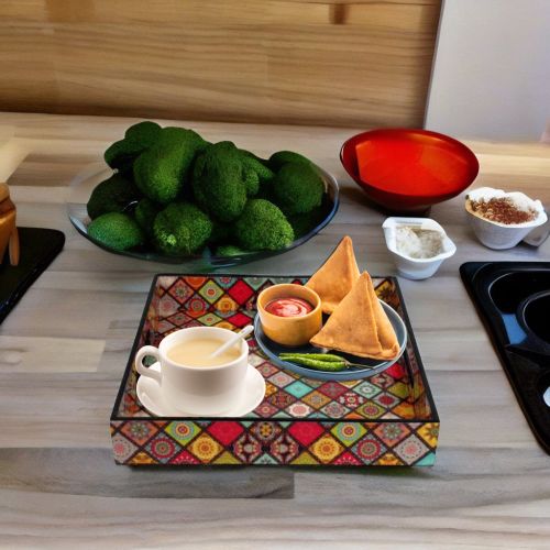 Multipurpose MDF Wood - Square Shape digital Printed Design Serving Trays with Cut Out Handles (Set of 3 pcs , Multicolor) 