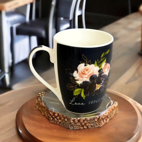 Super99 Designer Ceramic Tea/Coffee Mug|340ml|Printed design "Love Grows Here" Mug|265 gm- Size- 10.5cmX8cm