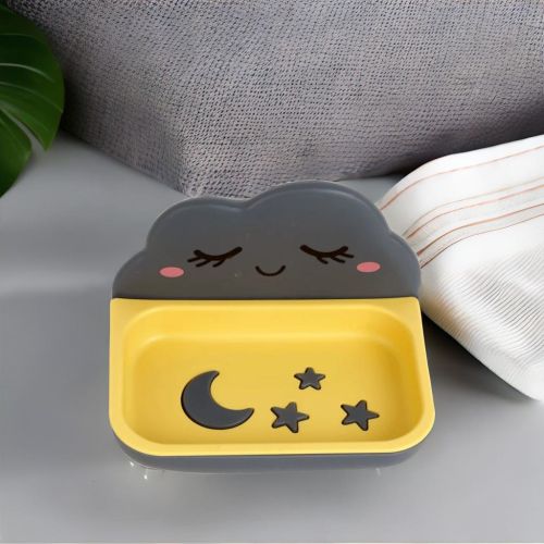 Super 99 Cute Designer Soap Dish for Kids |Plastic Self Draining Soap Holder ( Yellow & grey )- Size: 9.2cmX14cm|Easy to install, wall mounted comes with self adhesive - 14cm X 9.2cm