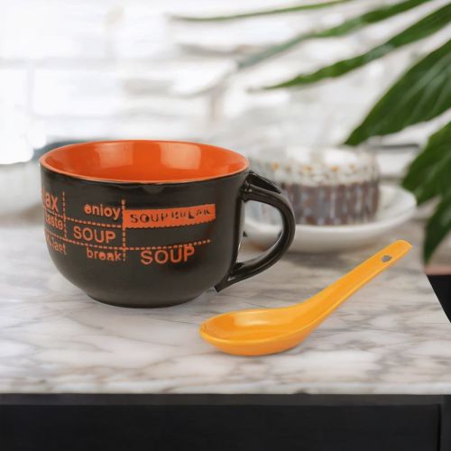 Super99 Designer Premium Stoneware Ceramic Soup Bowl with Spoon Glossy Finish- 500ml|Size- 7.5cm X 11cm|Beautiful design |Solid Colour with attractive quotes|390gm Bowl & Spoon 23gm- Size: Bowl: 11 cm X 7.5 cm ; Spoon: 11 cm 