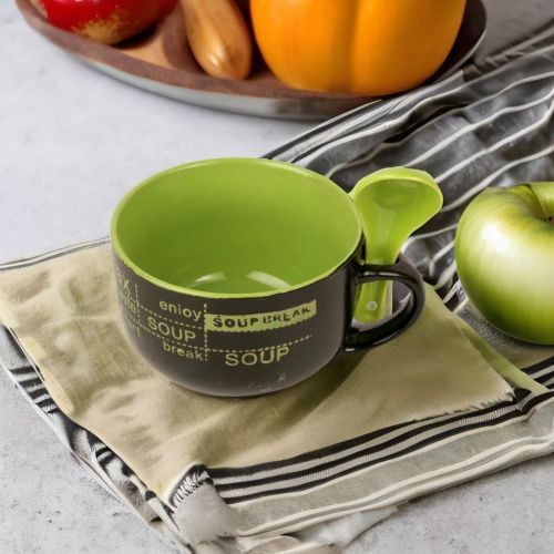 Super99 Premium Stoneware Ceramic Soup Bowl with Spoon Glossy Finish - 500ml|Size- 7.5cm X 11cm|Beautiful design |Solid Colour with attractive quotes|390gm Bowl & Spoon 23gm- Size: Bowl: 11 cm X 7.5 cm ; Spoon: 11 cm 