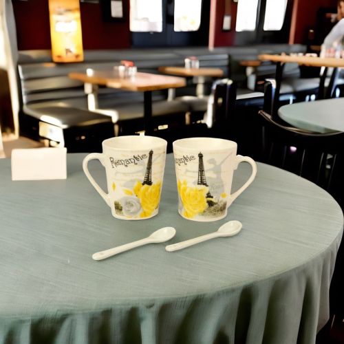 Super99 Designer Ceramic Tea/Coffee Mugs set with Spoon| ( 2 Mugs & 2 Spoon)|260 ml each|Printed Flower Romantic Quote design - Mug|150gm each ( Mug) Spoon (9gm)- Size- mug: 7.5 cm X 9 cm ; Spoon: 9 cm