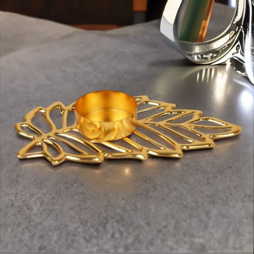 Super99 Leaf shape Golden Tealight Holder Stylish| Shaped Flower Leaves Candle Holder Stand Metal Beautiful Design Home Decoration Festival Occasions Iron Tealight- Weight: 21gm, Size: 15mX2cm