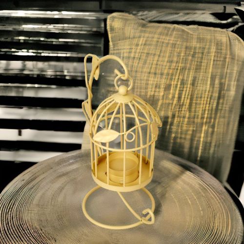 Super99 Candle Holder Table T-Light Bird Cage  Candle Hanging Stand Holder Metal Holder with Powder coated Paint- Colour Creame Weight:178gm|Size-23cmX10cm