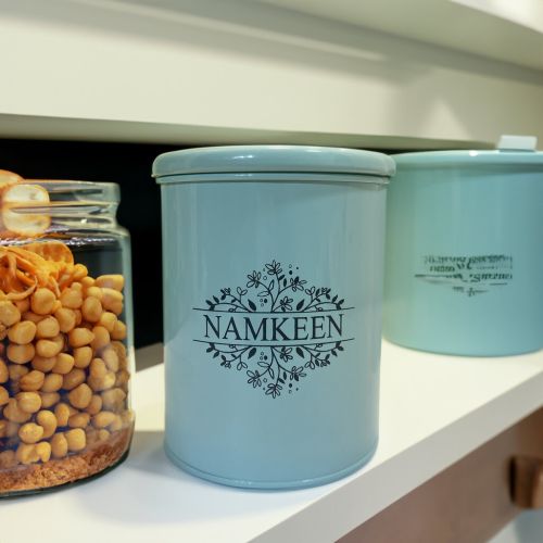 Super 99 Namkeen Jar for Home & Kitchen | Food Storage Canister | Airtight Namkeen Container with Lid (Size – 13cm X 13cm X 16cm, 320 Gram, Tin Iron, Tile Green)