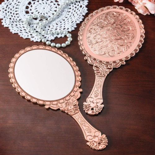 Super 99 Beautifully Carved Round Shape Gold Plating Metal Hand Mirror for Makeup || Handle Mirror for Makeup for Women and Girls (Golden)